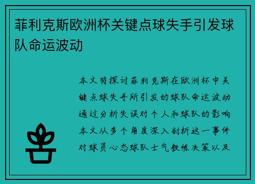 菲利克斯欧洲杯关键点球失手引发球队命运波动