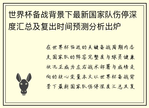 世界杯备战背景下最新国家队伤停深度汇总及复出时间预测分析出炉
